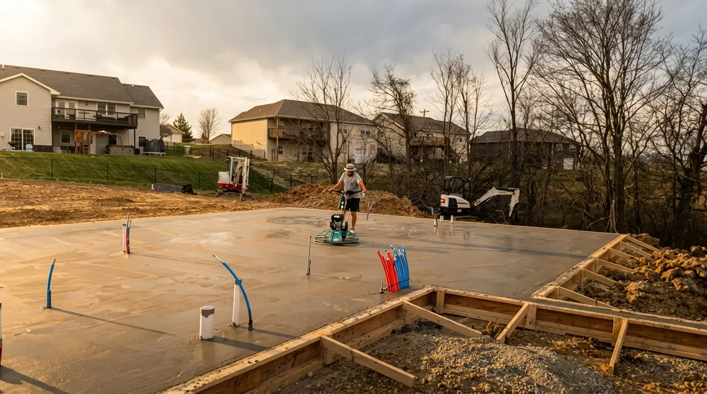 Concrete slab being finished with a power trowel