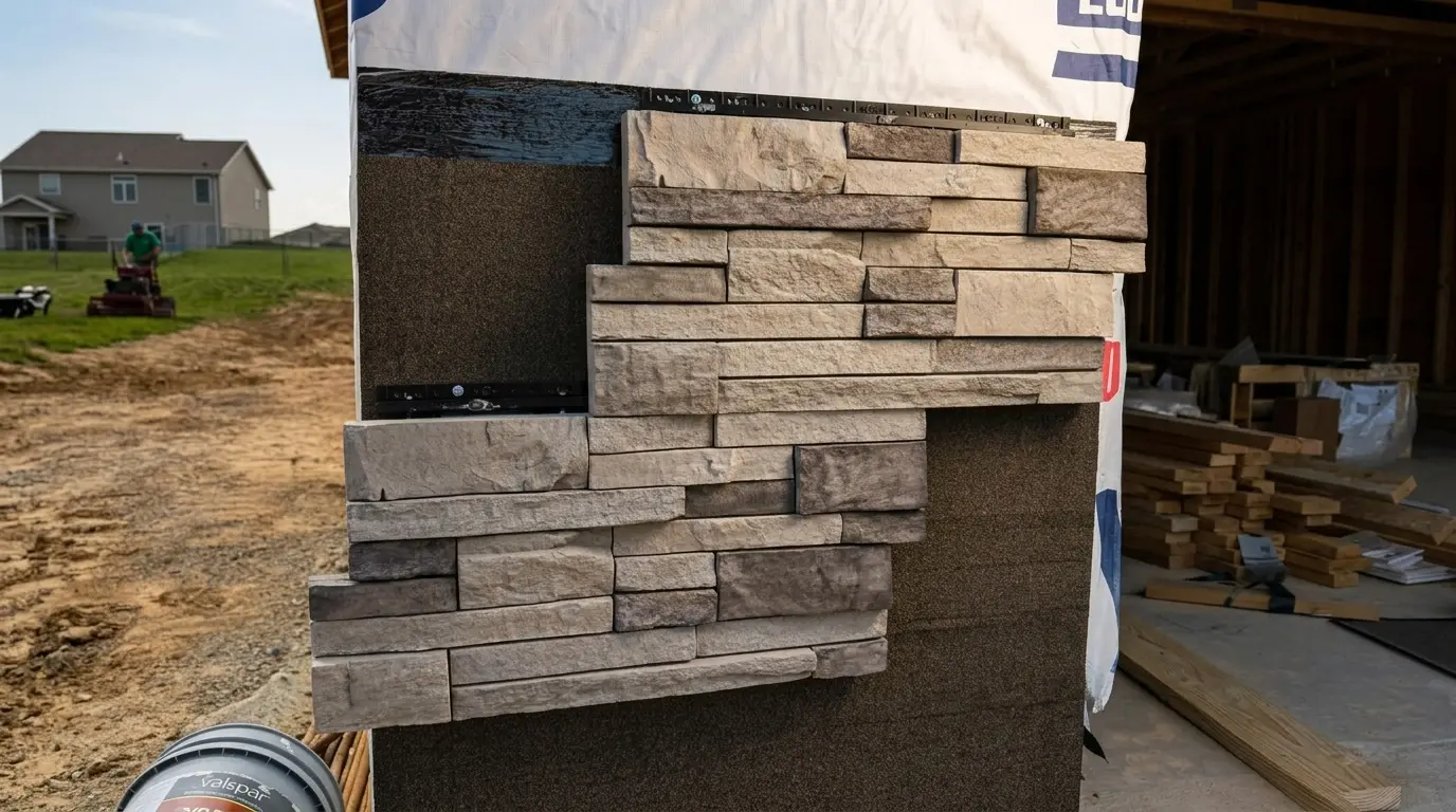 Stone veneer being installed on a home exterior