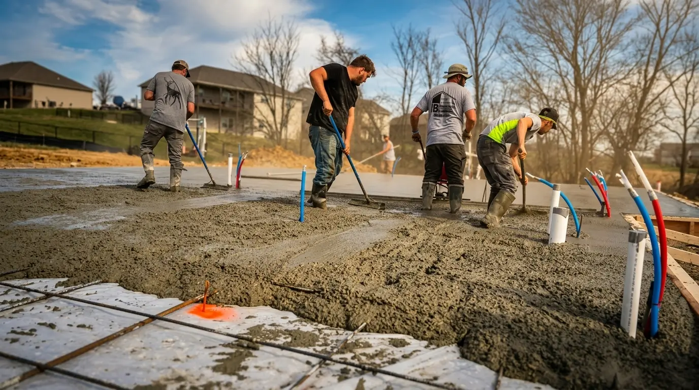 Concrete foundation slab poured for a new home