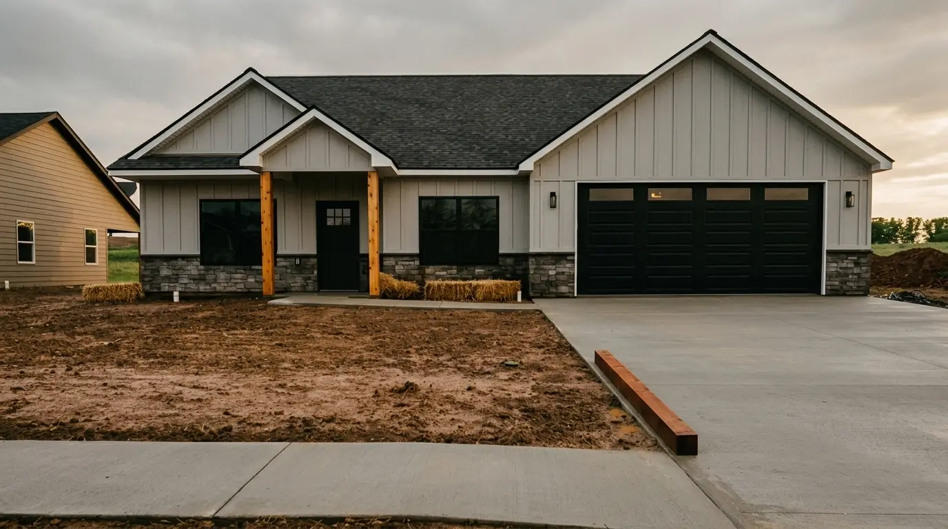 Modern farmhouse custom home with dark windows