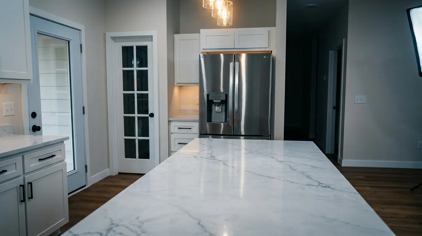 Remodeled kitchen with marble countertops and custom cabinetry