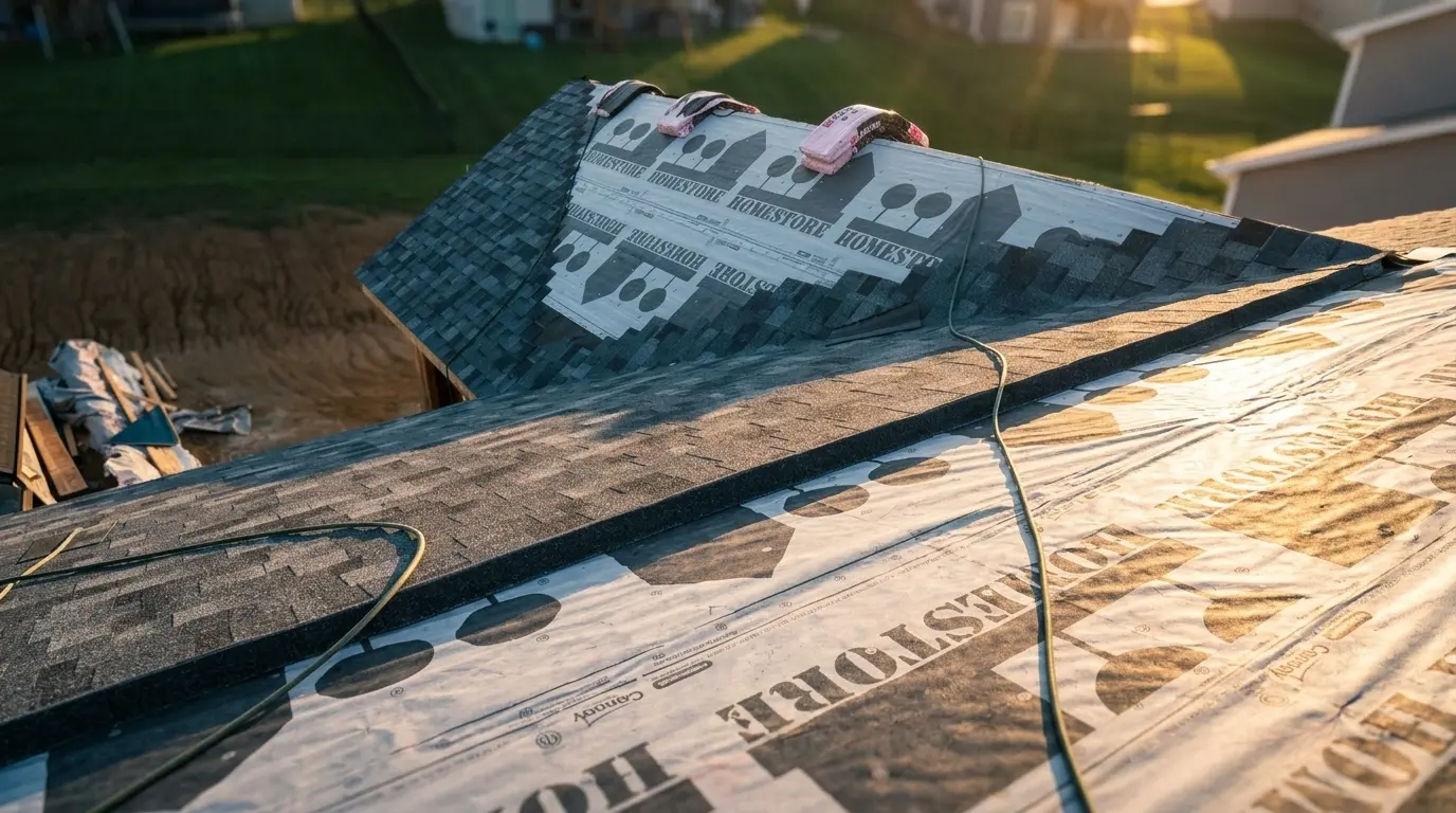 New roof being installed with underlayment and shingles